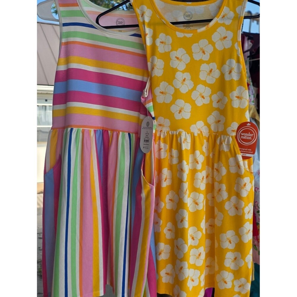 NWT wonder nation Yellow Floral Tank Dress & Rainbow Stripe Dress Duo L (10-12)